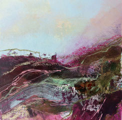 peinture acrylique utilisant également le pastel, l'encre et des pigments. C'est un paysage abstrait dans les teintes rouges/bordeaux/verts. . Il s'agit d'un tableau petit format riche en couleurs et présenté avec un passe-partout blanc. 