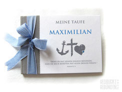 Foto Gästebuch Taufe grau blau weiß Taufsymbole Glaube Liebe Hoffnung Taufgästebuch Junge personalisiert Name Anker Kreuz Herz Taufspruch