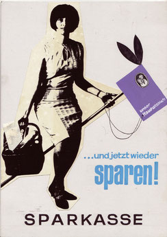 ... und jetzt wieder sparen! Sparkasse (Frau mit Einkauf und Haushaltsbuch (Plakat-Entwurf Din A4 um 1963).