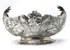 Jugendstil Schale mit Fischdekoration 800er Silber Innen vergoldet L.18 cm 310 g
