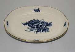 Meissen ovale Porzellan Schale Aquatinta Goldrand Blaue Blume Insekten L. 23,0cm, € 135,00