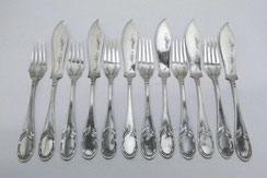 Jugendstil Fischbesteck 12 Teile 800er Silber Halbmond Krone Düsseldorf 608 g., € 945,00