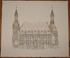 Aachener Rathaus Radierung Hinrichs 77 Auflage 242/500 handcoloriert 52,5x 51 cm, € 125,00