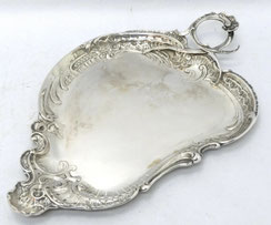 Silbertablett Barock Blattform 800er Silber Oswald Hanau 33 x 20,5 cm, 491 Gr.