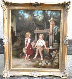 Ölgemälde "Kinder am Brunnen" nach Anton Ebert von A.G. Blake 1880, 62 x 51 cm, € 1250,00