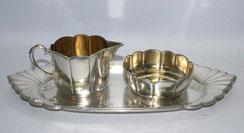 Milch und Zucker Set mit Tablett WMF Jugendstil versilbert vergoldet Perlrand, € 225,00