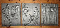NEUE SACHLICHKEIT E. Kuhn Reliefs Arbeit, Familie, Muse, 3 Tafeln 52,0 x 41,5 cm, € 4500,00