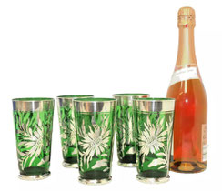 5er Set B.Q Champagner Becher grünes Glas 925er Silber Overlay H. 14,5 cm 400 ml, € 250,00