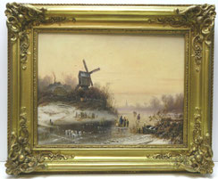 Adolf Kirstein 1864 Schlittschuhläufer in Winterlandschaft, Windmühle 48,5x37cm, € 1300,00