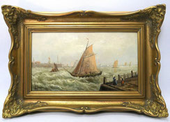 A Kirschner 1897 Fischerboot in der Hafeneinfahrt Öl auf Mahagoni 33,0 x 19,0 cm, € 350,00