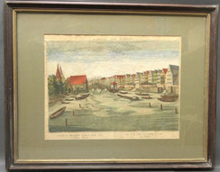 Colorierter Kupferstich Guckkastenblatt "Ansicht der Hanseestadt Lübeck gerahmt, € 150,00