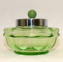 Grüne Art Deco Konfekt oder Schmuck Glas Dose mit Deckel H. 10,5 cm D. 12,0 cm, € 120,00