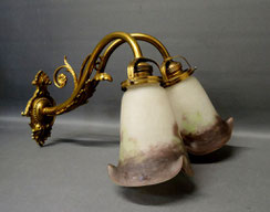 Jugendstil Wand-Lampe, RETHONDES, Pate de verre Messing, floral 2-flammig,, € 420,00