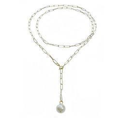 'ver-goldete'-Y-Ketten, modische lange Halskette, Lassokette mit Perle aus 925 Silber gelbgold vergodet
