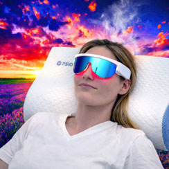 Oreiller musical et olfactif PSIO utilisé avec des lunettes de luminothérapie