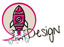Comic-Illustration einer startenden Rakete in Pink und Beige mit dem Wort: Design – Symbol für den Infotainment Booster im 1zu1 Einzelcoaching Format