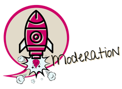 Comic-Illustration einer startenden Rakete in Pink und Beige mit dem Wort: Moderation – Symbol für den Infotainment Booster Moderation