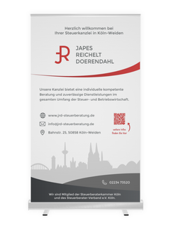 Roll-Up-Banner Rollup Banner Messewand von VAJUS Mediendesign für JRD Steuerberatung in Köln Weiden