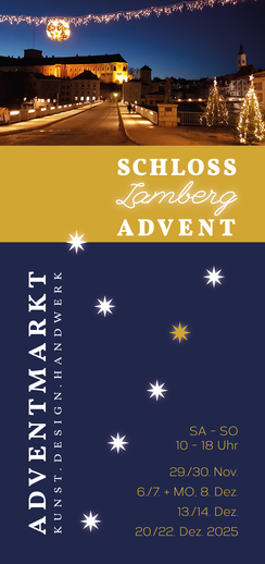 Flyer Rückseite, Einladung Weihnachtsausstellung Schloss Lamberg, www.schloss-advent.at, Beate Seckauer, Adventmarkt Steyr