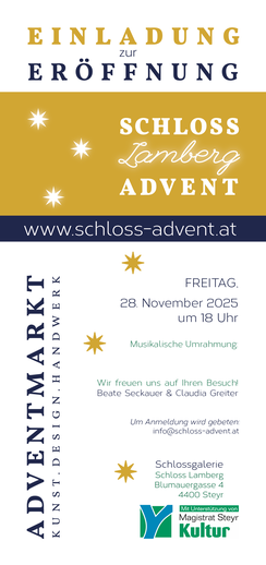 Flyer Rückseite, Einladung Weihnachtsausstellung Schloss Lamberg, www.schloss-advent.at, Beate Seckauer, Adventmarkt Steyr