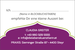 Claudia Greiter, Die Lebenskünstlerin, Visitenkarte Rückseite