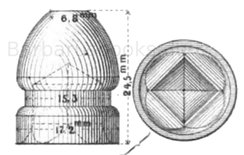 Nesslers Expansionsgeschoss für das gezogene Gewehr. (Muster 1865) der französischen Linien - Infanterie. Ansicht von der Seite und von unten.