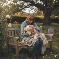 une femme assise sur un bancs avec son vieux chien lui apporte son affection pour ses derniers jours par coach canin 16 éducateur canin à domicile