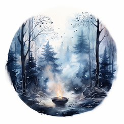 Runde Wasserfarben Illustration von einer Räucherschale mit Feuer darin im Hintergrund ist der Wald zu sehen, in Blautänen und Schwarz