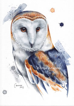ausdrucksstarkes Aquarellbild - handgemaltes Eulen Portrait 
