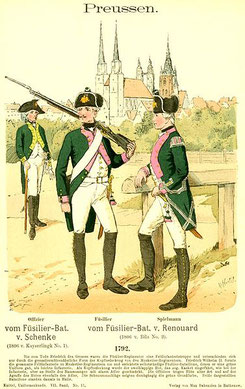 Preußische Füseliere,  [Füsiliere waren ursprünglich mit einem Steinschlossgewehr (französisch fusil) bewaffnete Infanteristen.]