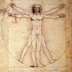 「ウィトルウィウス的人体図」：古代ローマ時代の建築家ウィトルウィウスの記述を元に、レオナルド・ダ・ヴィンチが描いた作品。