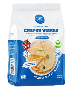CREPES VEGGIE. Premezcla a base de harina de arroz, fécula de mandioca, almidón de maíz, con análogo de huevo vegetal. Presentación: 210Grs. Apto celíaco, vegano y Kosher Parve: Bobek. Origen Argentina.