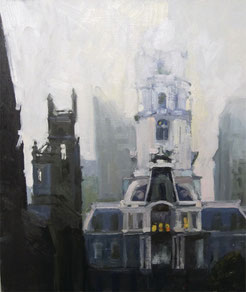 Kate Kern Mundie, City Hall in Fog, oil on pane