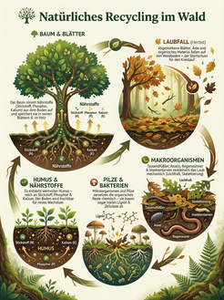 Infografik zum natürlichen Recycling im Wald – Kreislauf von Laub, Bodenorganismen und Nährstoffen