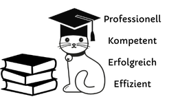 Logo Katze mit dem "Gratuation cap", Bücher und Schrift: Professionell, Kompetent, Erfolgreich, Effizient.