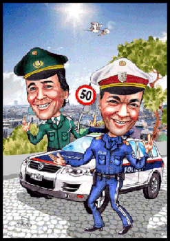 Zwei Polizisten mit Streifenwagen bei der Verkehrskontrolle, als Karikatur.