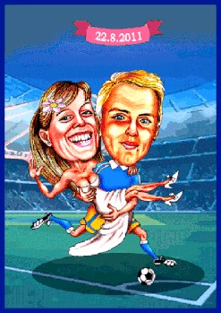 Karikaturen zeichnen lassen, ein Fußballer läuft mit seiner Braut.