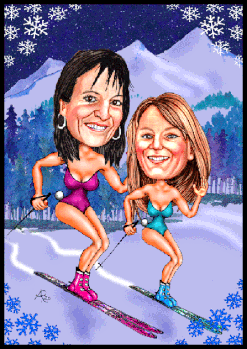 Zwei Schifahrerinnen im Badeanzug haben sich als Karikatur zeichnen lassen.