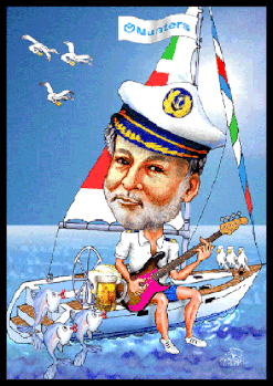 Ein Kapitän mit Gitarre auf seinem Segelschiff, als Karikatur.