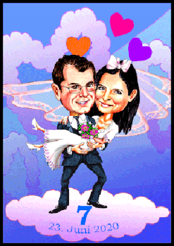 Hochzeitkarikatur zeichnen lassen, das Brautpaar ist auf Wolke 7.