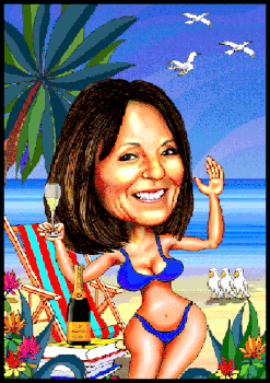 Eine Frau aus Wien feiert Geburtstag am Strand, als Karikatur gezeichnet.