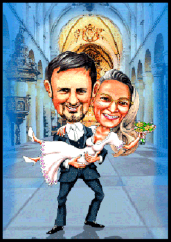 Hochzeitkarikaturen zeichnen kassen. Ein Hochzeitspaar in der Kirche als Karikatur.