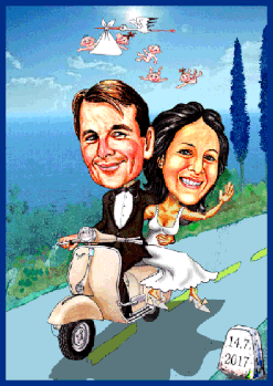 Ein Paar auf einer Vespa auf Hochzeitsreise, als Karikatur gezeichnet.