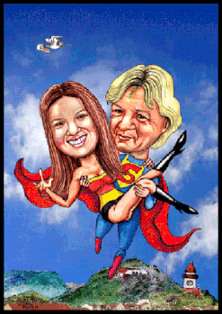 Superman mit Tochter als Karikatur über Graz.
