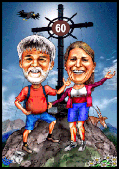 Ein Paar aus Innsbruck mit einem Gipfelkreuz hat sich als Karikatur zeichnen lassen.