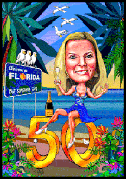 Blonde Frauaus Wien feiert 50. Geburtstag in Florida, als Karikatur gezeichnet.