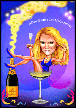 Frau sitzt im Champagner-Glas und feiert Geburtstag, als Karikatur gezeichnet.