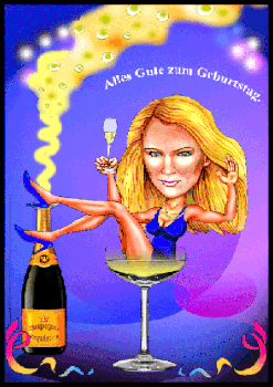 Frau aus Salzburg sitzt im Champagner-Glas und feiert Geburtstag, als Karikatur gezeichnet.