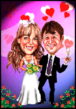 Ein Hochzeitspaar vor einem Herzenhintergrund als Karikatur gezeichnet.