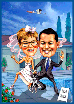 Er läuft mit seiner Braut. Hochzeit Karikatur